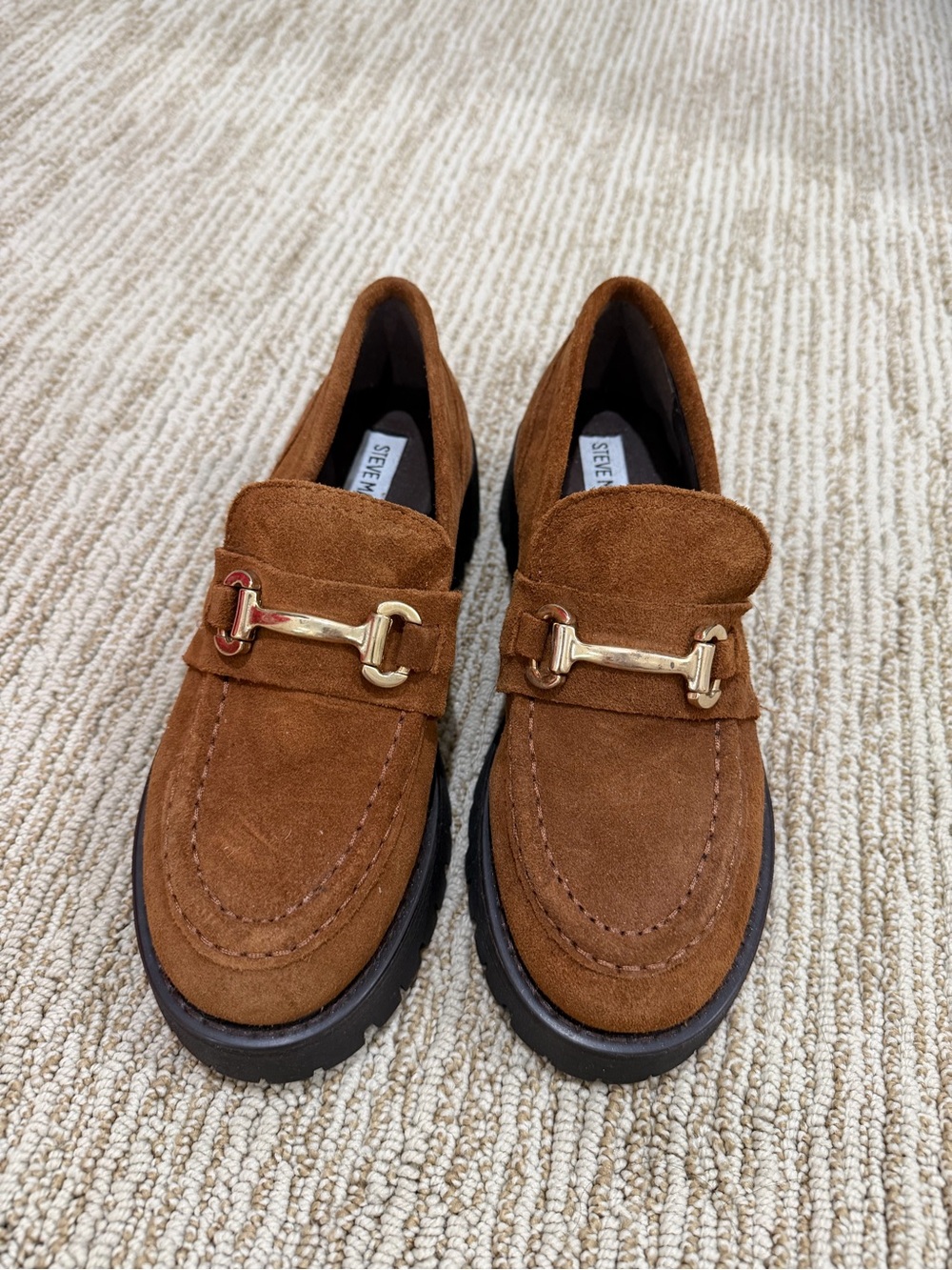 Women's Brown Suede Lug Sole Loafers with Gold Accent - Picture 2 of 3